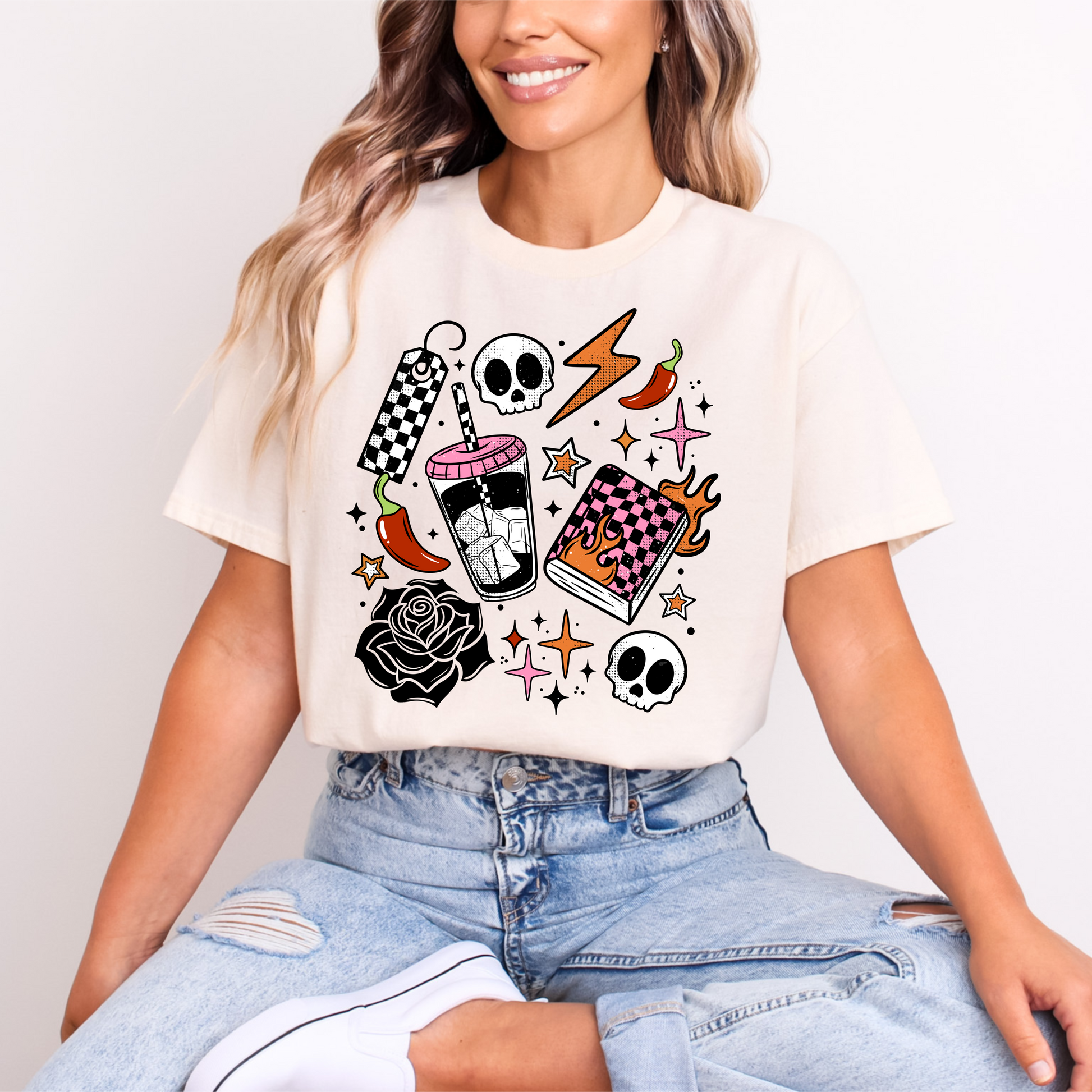 Edgy Alt Aesthetic T-Shirt | Skull, Flames & Checkered Print | Gildan DTF Tee