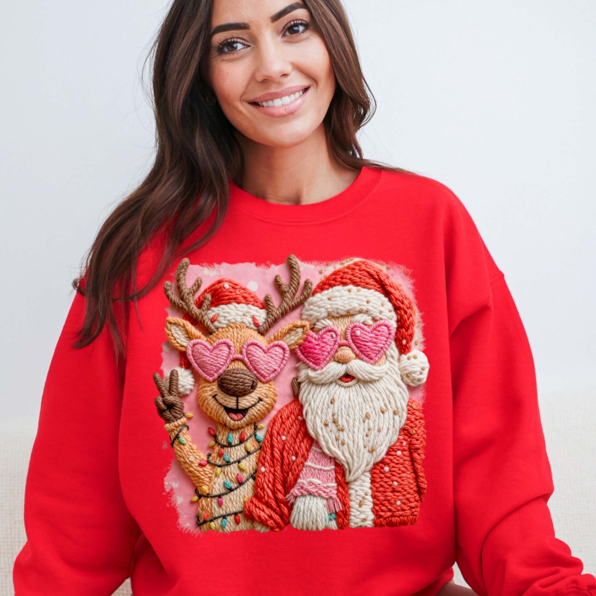 Santa & Reindeer Heart Sunglasses Sweatshirt | Cute Christmas Crewneck | Cozy Holiday Pullover
