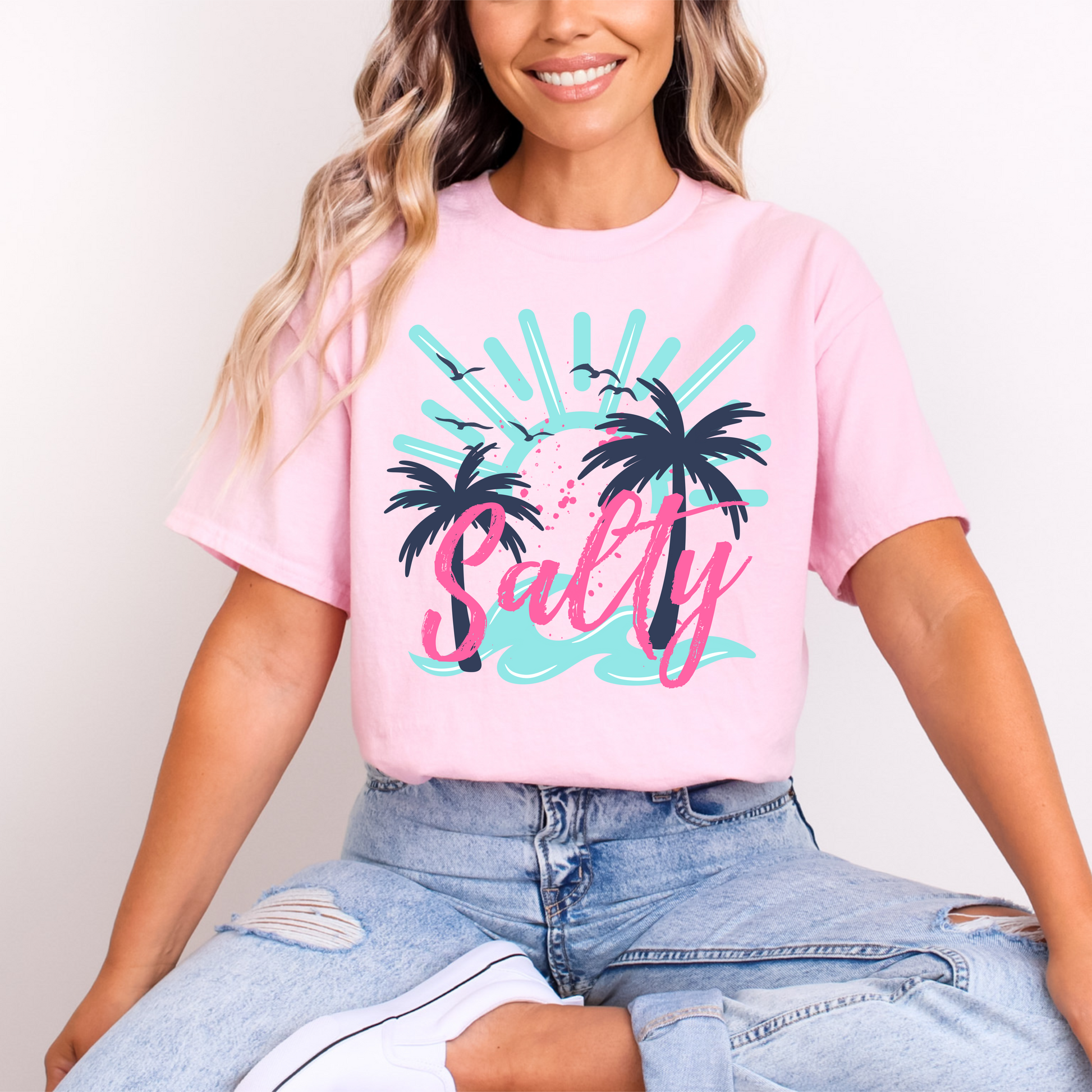 "Salty" Beach Vibe T-Shirt | Retro Palm Trees & Ocean Tee | Gildan DTF Print