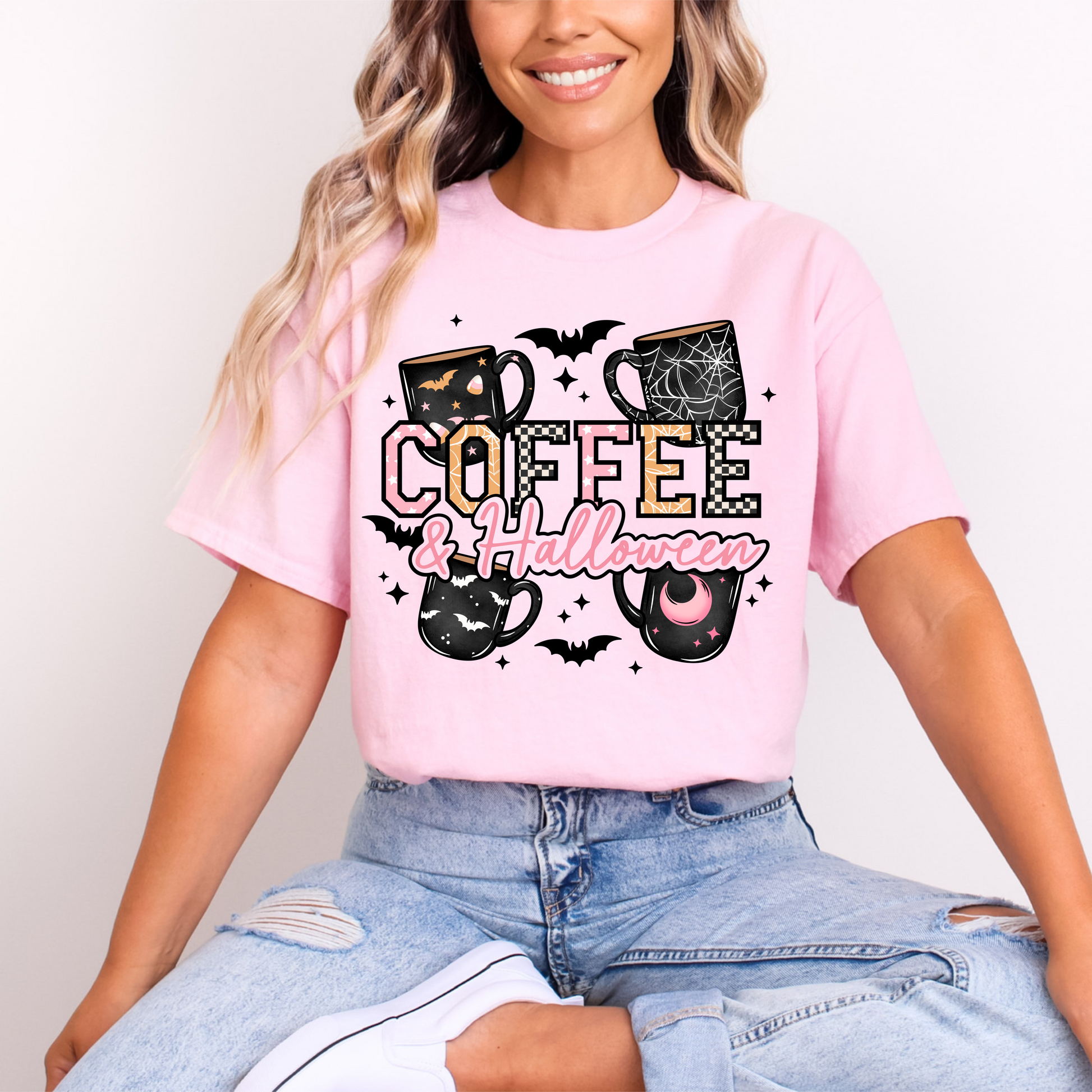 "Coffee & Halloween" T-Shirt | Spooky Mugs & Bats Tee | Gildan DTF Print