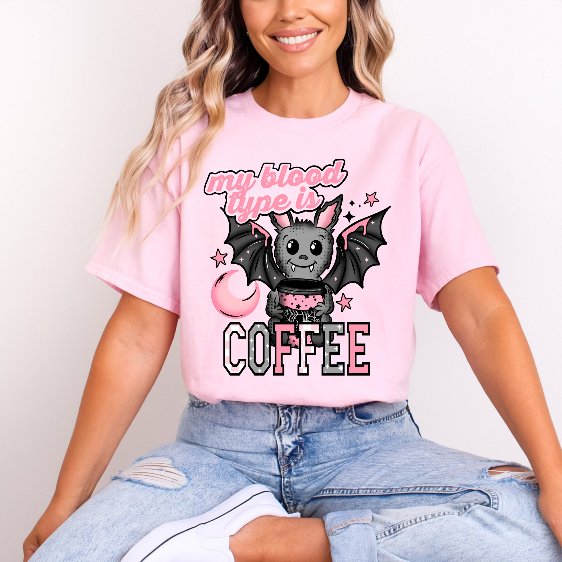 "My Blood Type Is Coffee" T-Shirt | Cute Bat & Coffee Tee | Gildan DTF Print