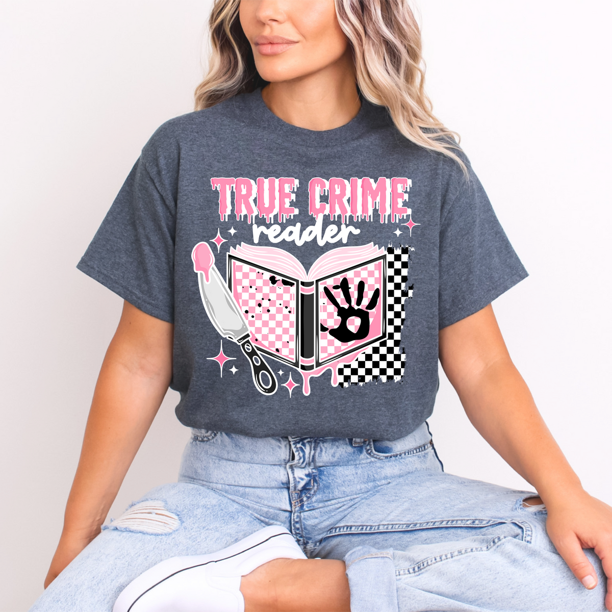 "True Crime Reader" T-Shirt | Pink Grunge Book & Knife Tee | Gildan DTF Print