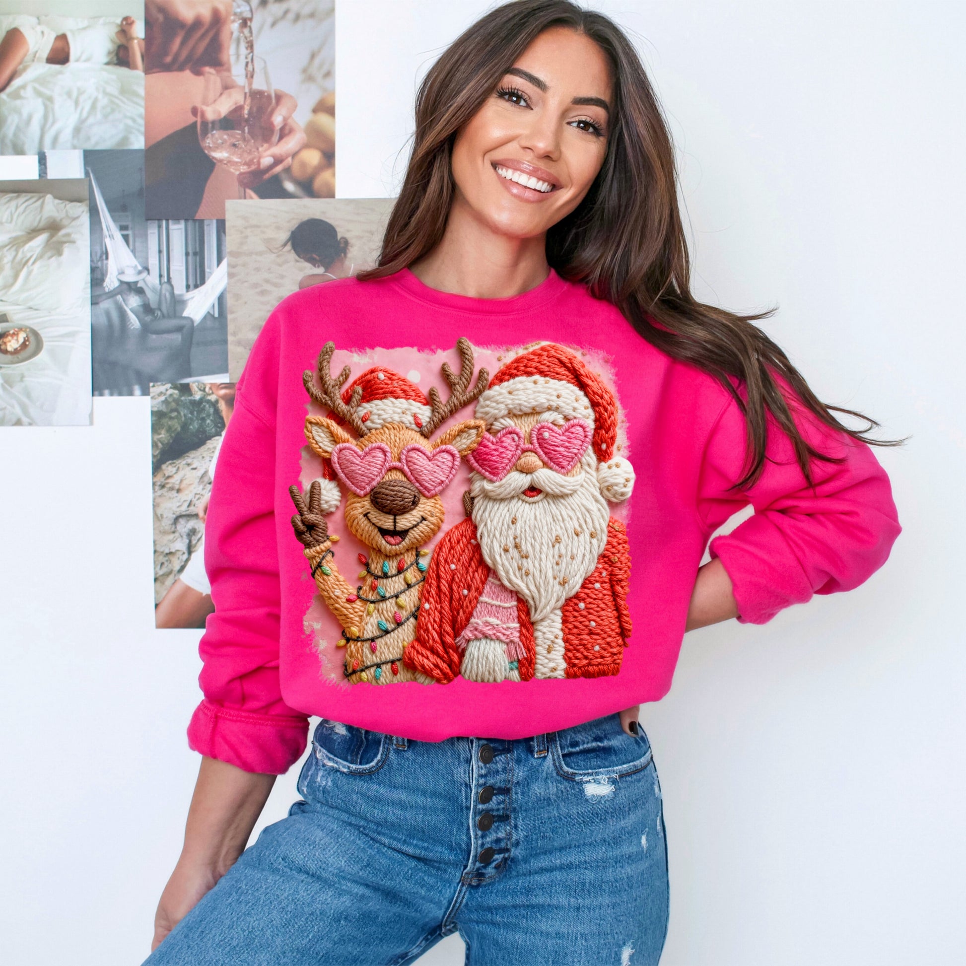 Santa & Reindeer Heart Sunglasses Sweatshirt | Cute Christmas Crewneck | Cozy Holiday Pullover