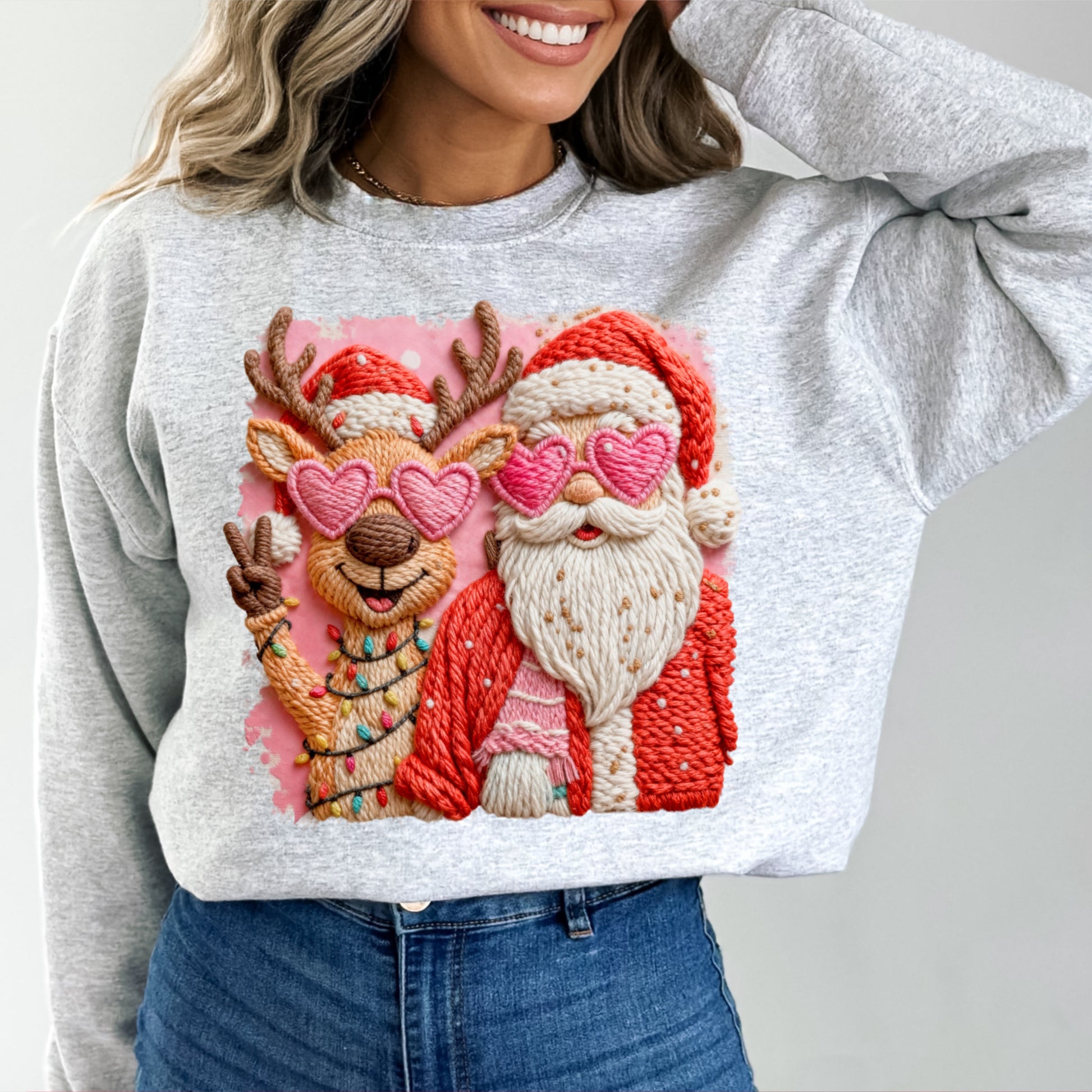 Santa & Reindeer Heart Sunglasses Sweatshirt | Cute Christmas Crewneck | Cozy Holiday Pullover