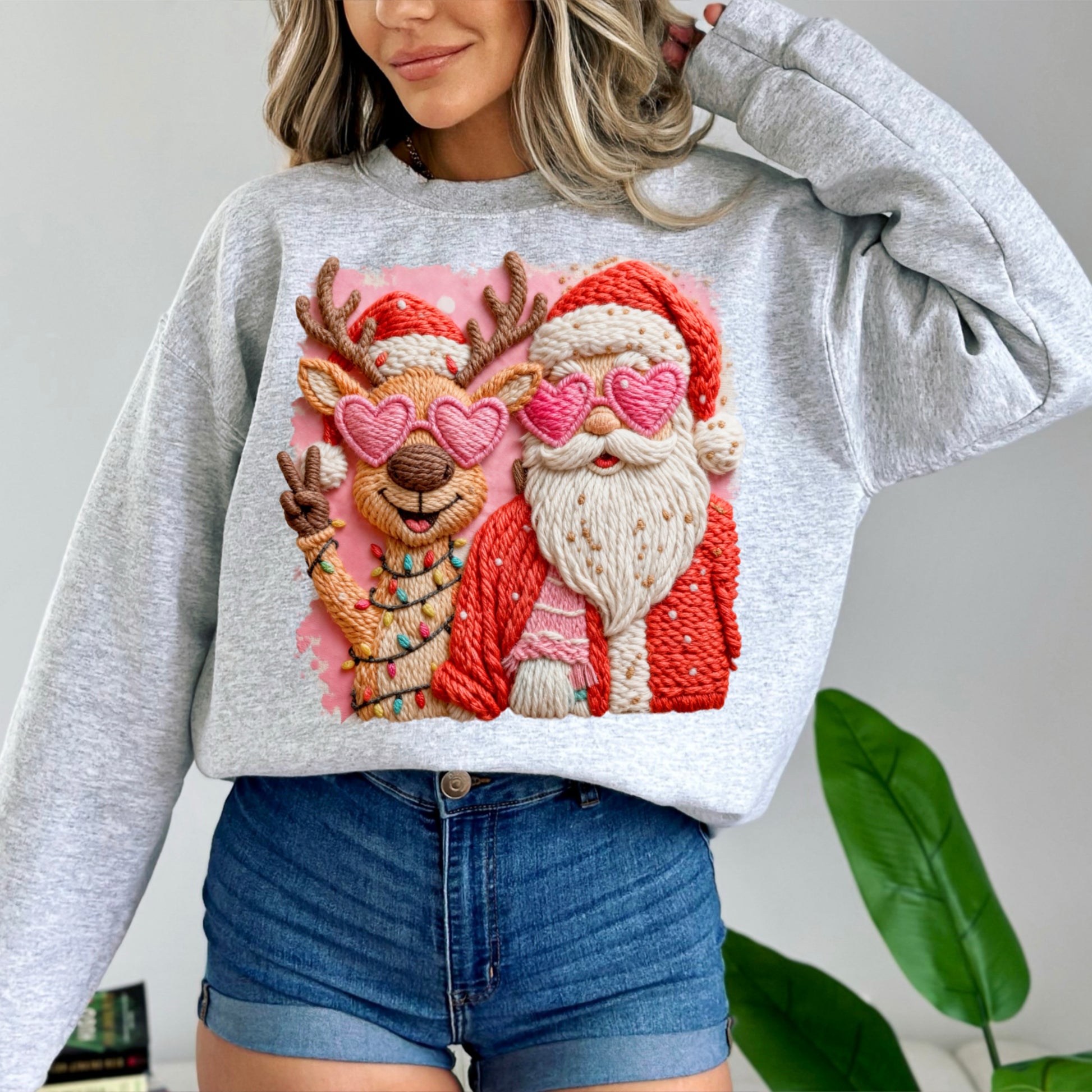 Santa & Reindeer Heart Sunglasses Sweatshirt | Cute Christmas Crewneck | Cozy Holiday Pullover