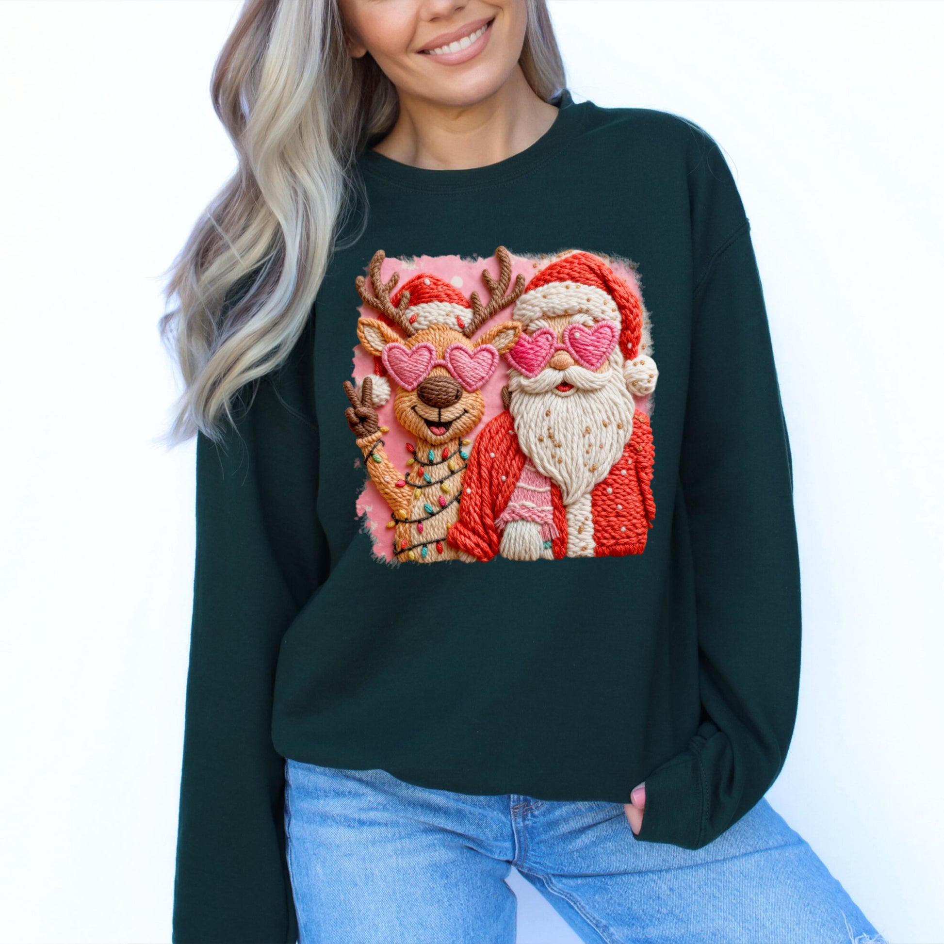 Santa & Reindeer Heart Sunglasses Sweatshirt | Cute Christmas Crewneck | Cozy Holiday Pullover