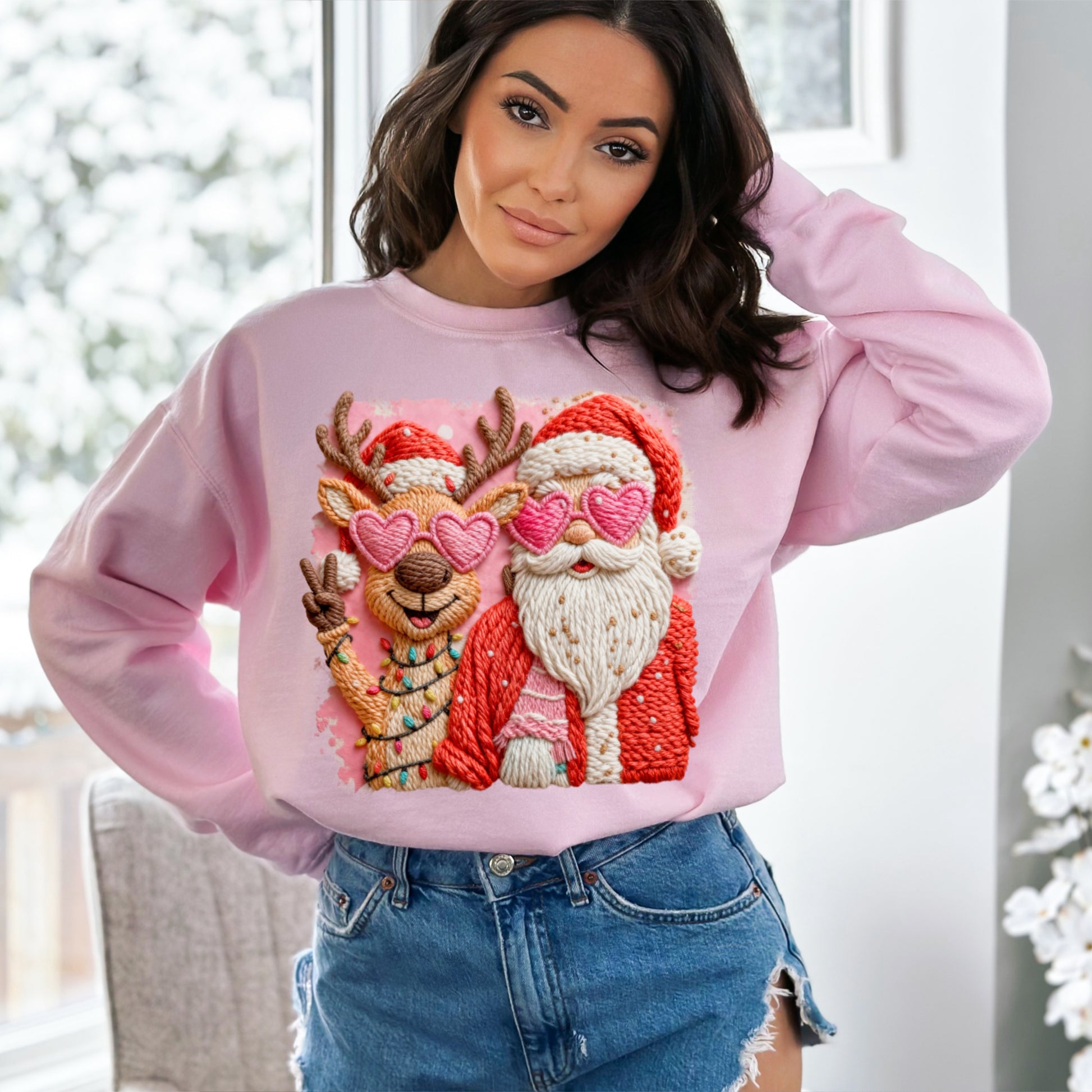 Santa & Reindeer Heart Sunglasses Sweatshirt | Cute Christmas Crewneck | Cozy Holiday Pullover