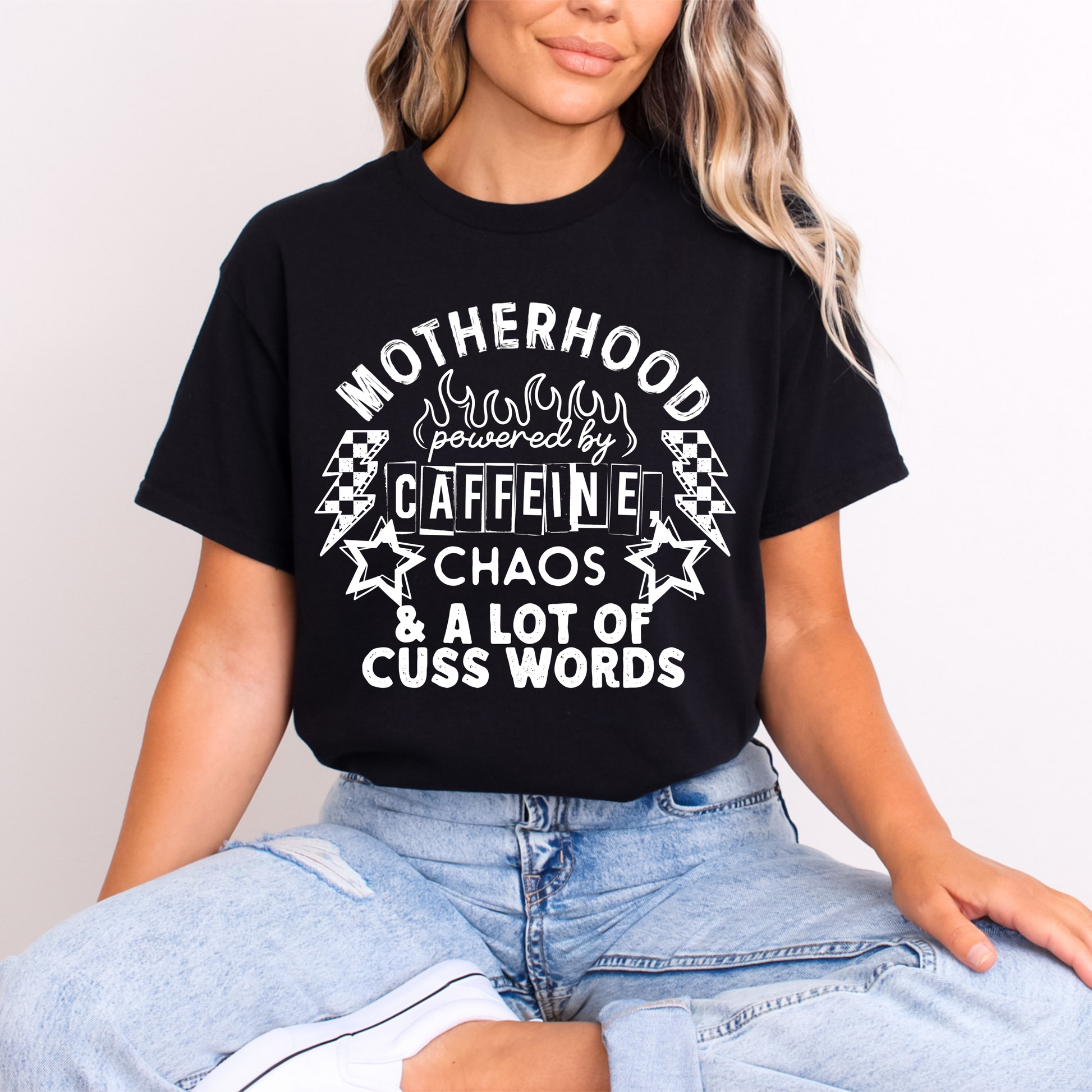 "Motherhood Powered By Caffeine Chaos & Cuss Words" T-Shirt | Funny Mom Life Tee | Gildan DTF Print