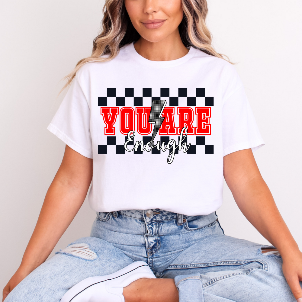 "You Are Enough" Edgy T-Shirt | Checkerboard Lightning Bolt Tee | Positive Affirmation & Self Love Shirt for Women