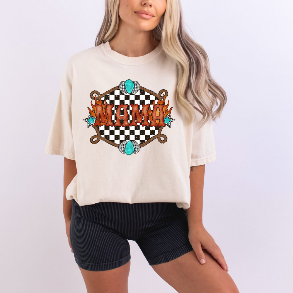 Mama" Western Retro Tee | Turquoise & Checkerboard Graphic Shirt image 2
