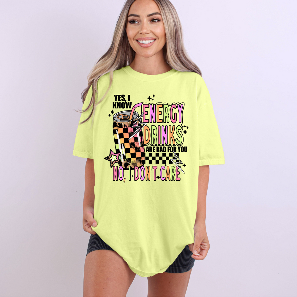 Yes, I Know... No, I Don't Care" Energy Drink Lover Tee | Neon Checkerboard Grap image 0