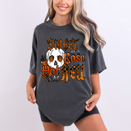 Sweet as a Rose, Hot as Hell" Edgy Skull & Rose Tee | Checkerboard Graphic Shirt image 0