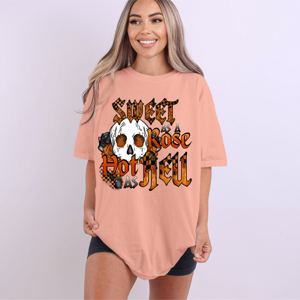 Sweet as a Rose, Hot as Hell" Edgy Skull & Rose Tee | Checkerboard Graphic Shirt image 1