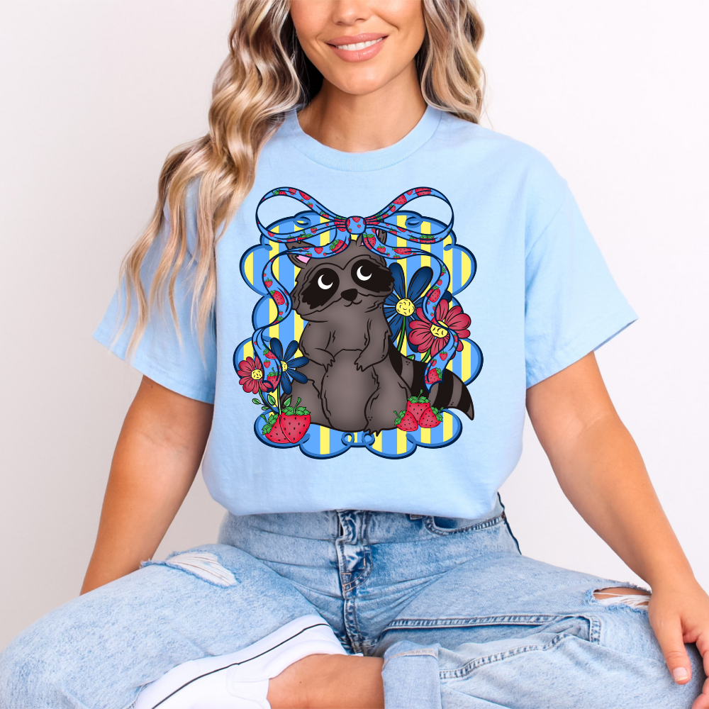 Sweet Raccoon & Strawberries T-Shirt - Cute Woodland Critter Floral Bow Graphic image 0
