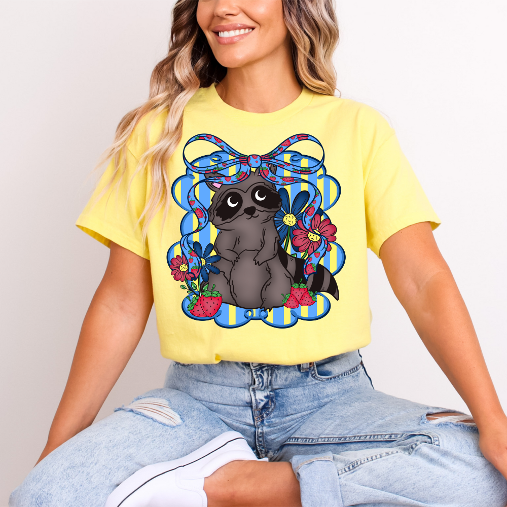 Sweet Raccoon & Strawberries T-Shirt - Cute Woodland Critter Floral Bow Graphic image 1