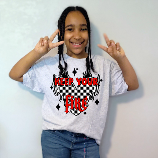 "Keep Your Fire" T-Shirt | Motivational Youth Tee | Checkered Heart Graphic Tee